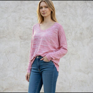 GAP | Women's Pink & White Marled Wide Crewneck Cotton Sweater S